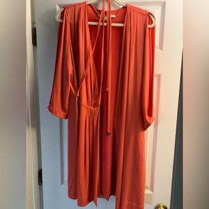 DVF bright coral open sleeve wrap dress